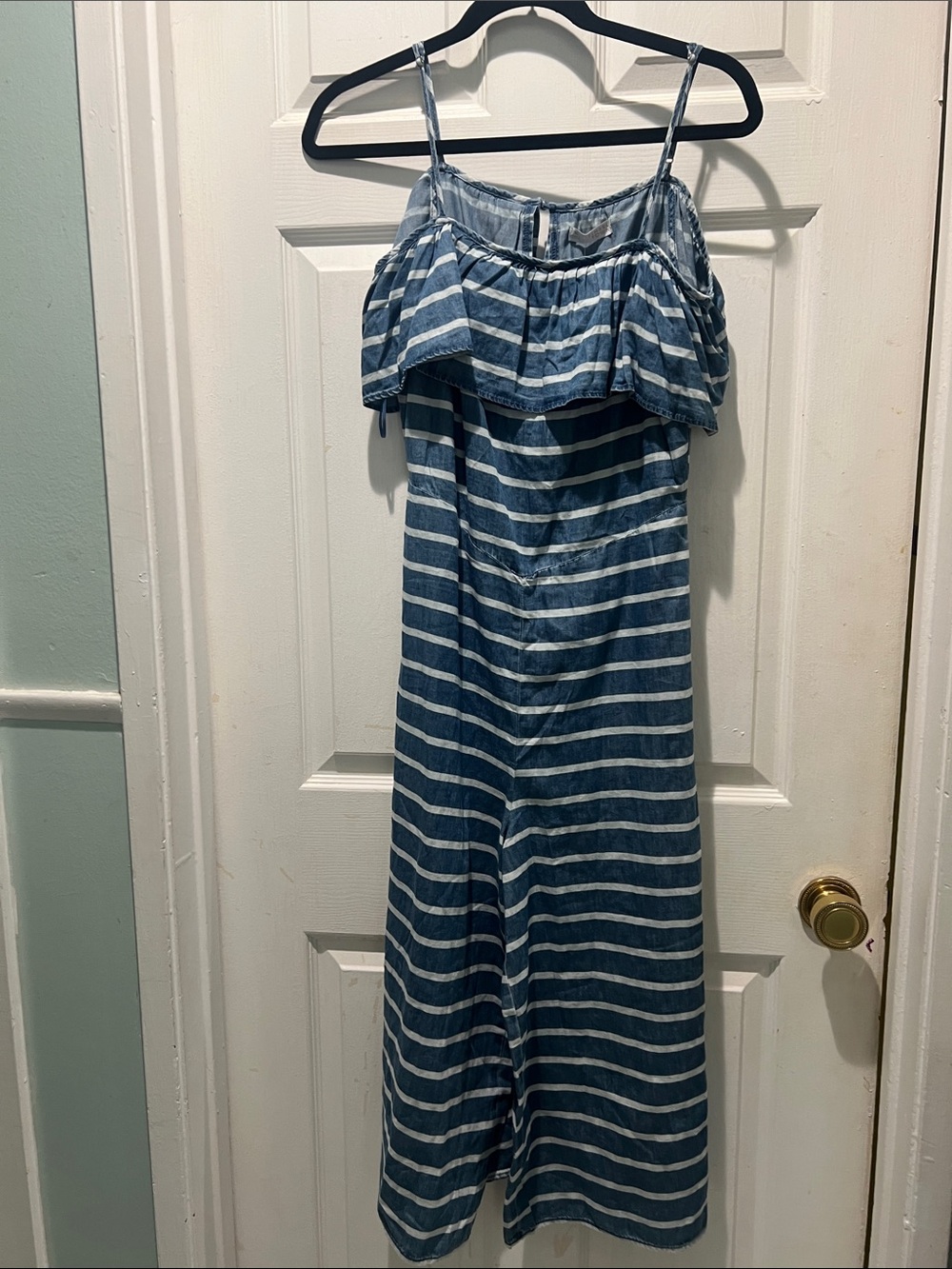 Tinsel Town Blue and White Striped Off-Shoulder Jumpsuit